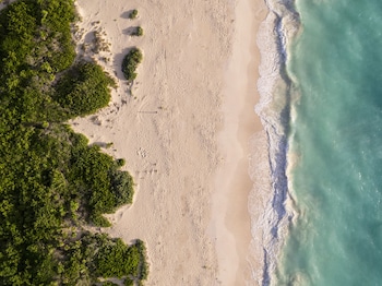 On the beach, white sand, free beach cabanas, sun loungers